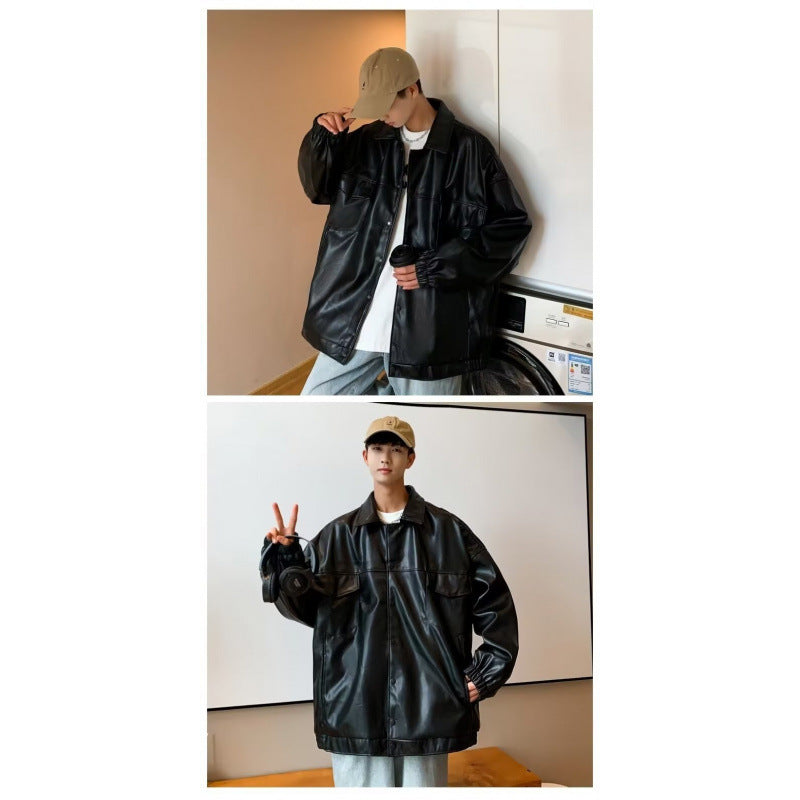 Herren Oversized PU-Leder-Shacket mit Pattentaschen und elastischen Bündchen Chichicherry