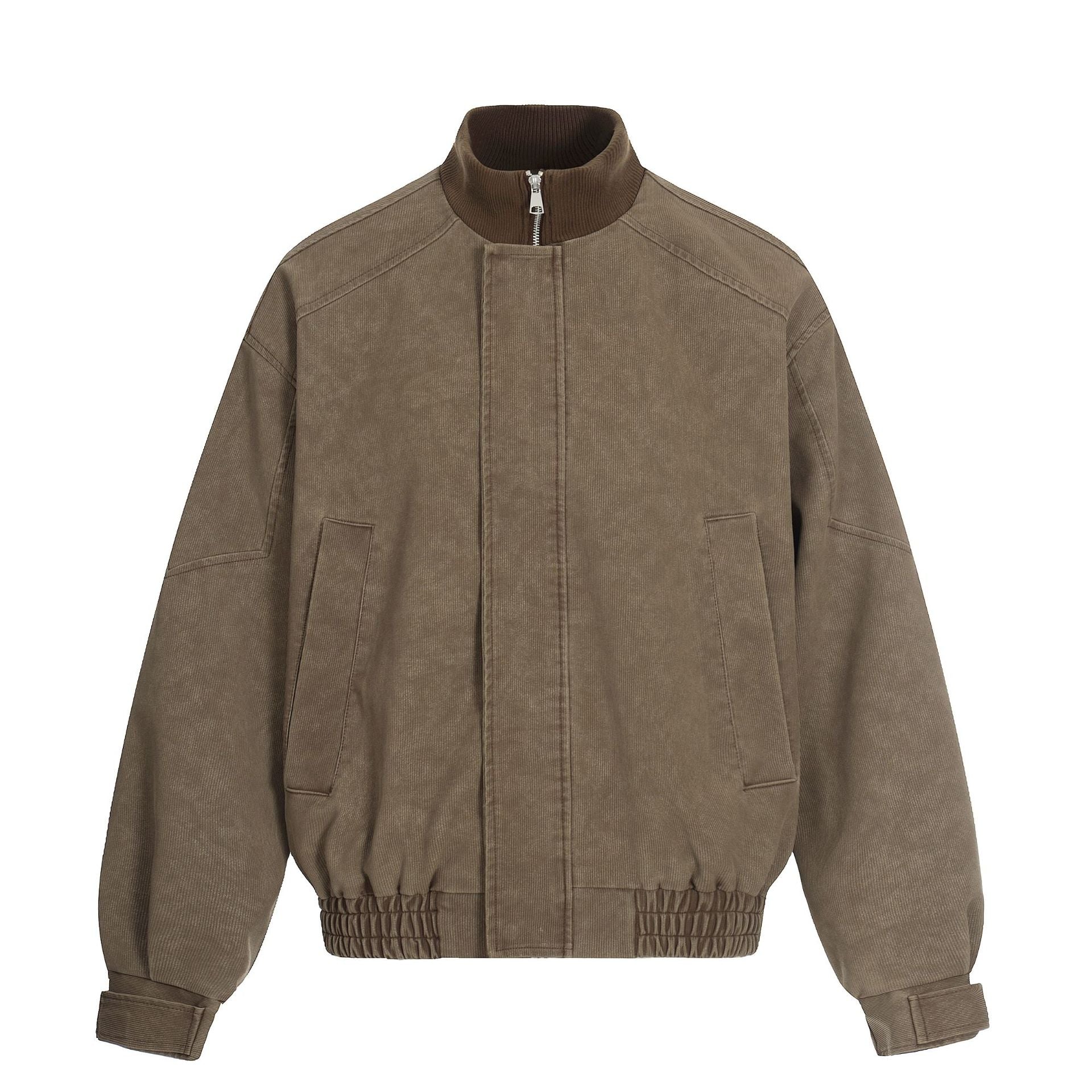 Men's short boxy blouson made of corduroy fabric with high ribbed collar and elastic hem.