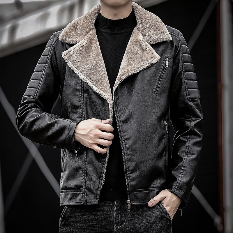 Men's Faux Leather Biker Jacket with Teddy Fur Lining and Quilted Sleeve Detail Chichicherry