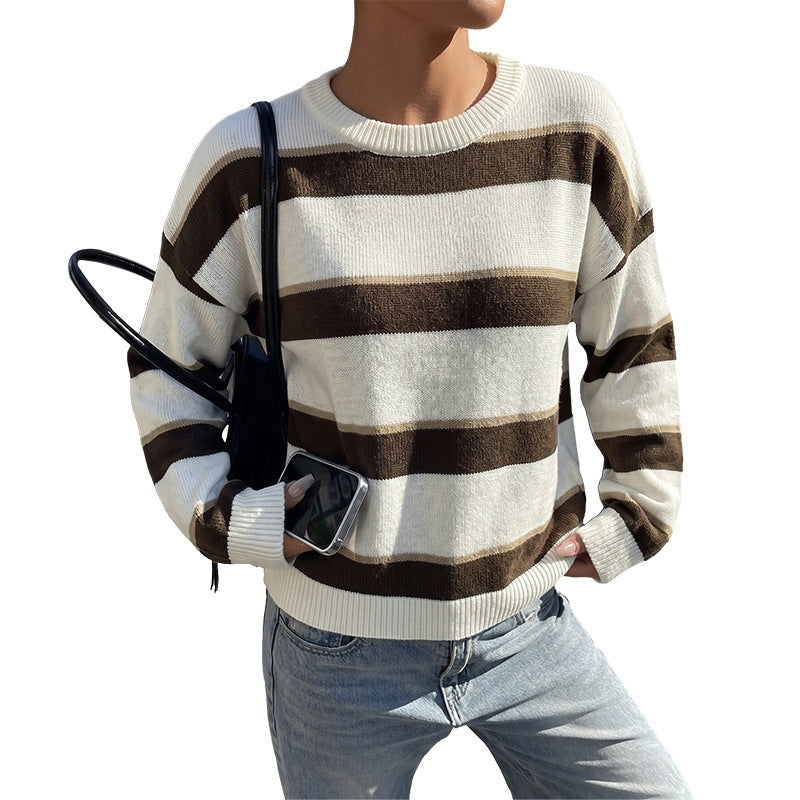 Women's Relaxed Maritime-Inspired Oversized Knit Sweater with Wide Block Stripes and Ribbed Cuffs Chichicherry