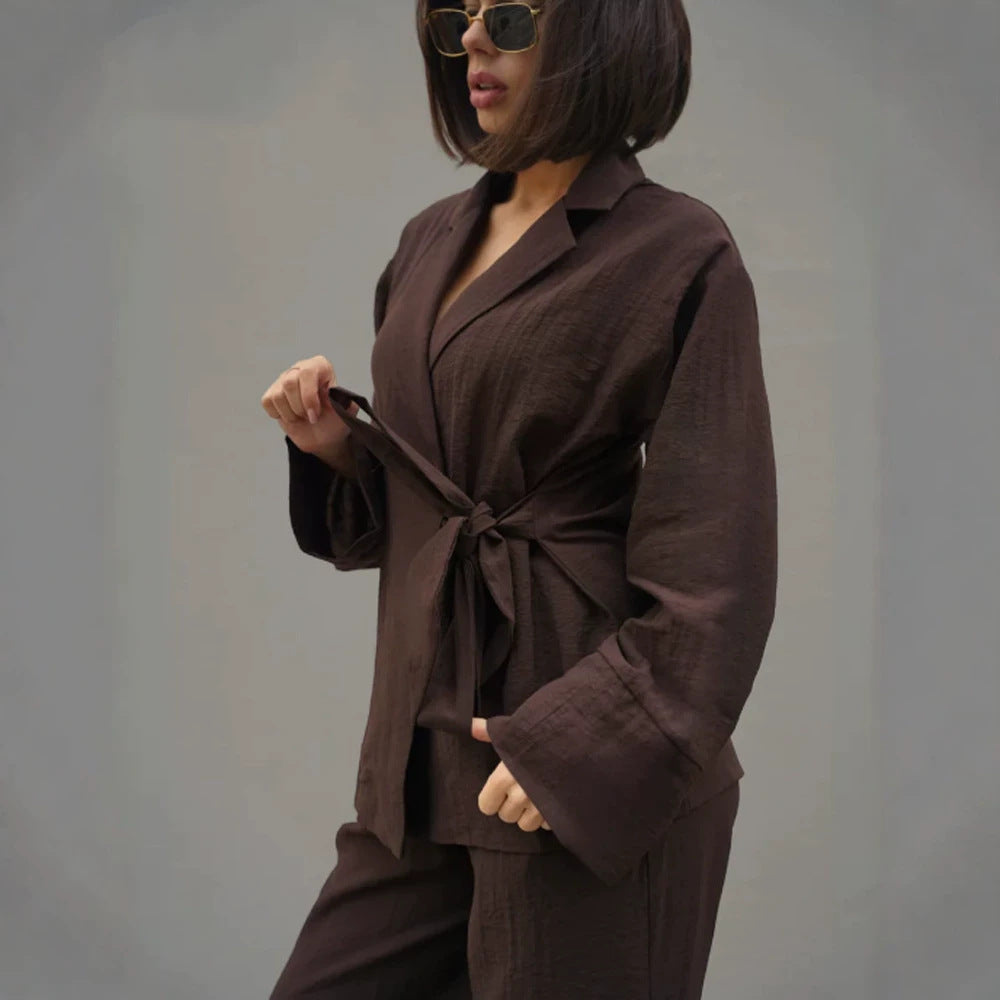 Women's Wrap Blazer with Tying Belt, Casual Oversized Cut and Lapel Collar Chichicherry