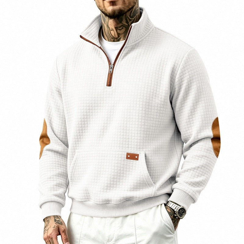 Men's waffle texture fleece pullover with stand-up collar, kangaroo pocket and contrast trim Chichicherry