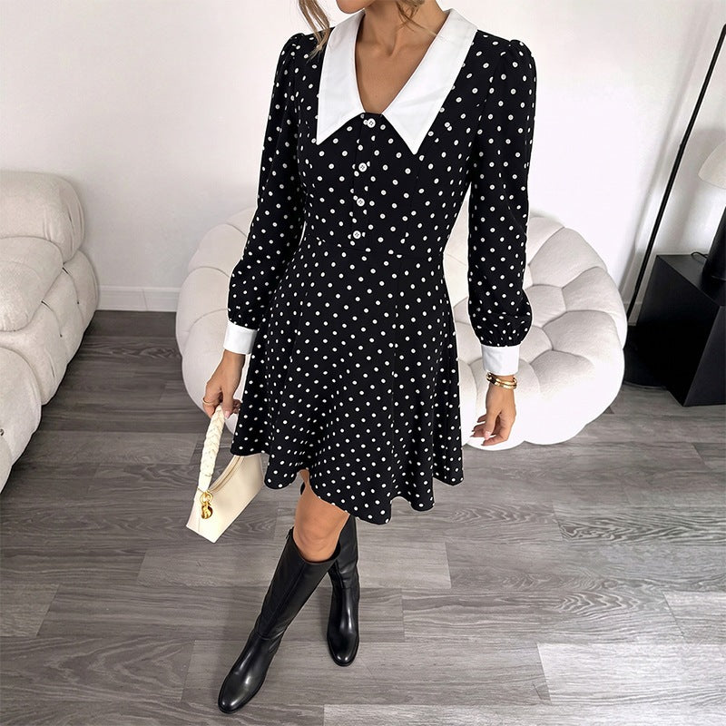 Women's Fitted A-Line Minidress with Polka Dot, Pointed Contrast Collar and Cuffs Chichicherry