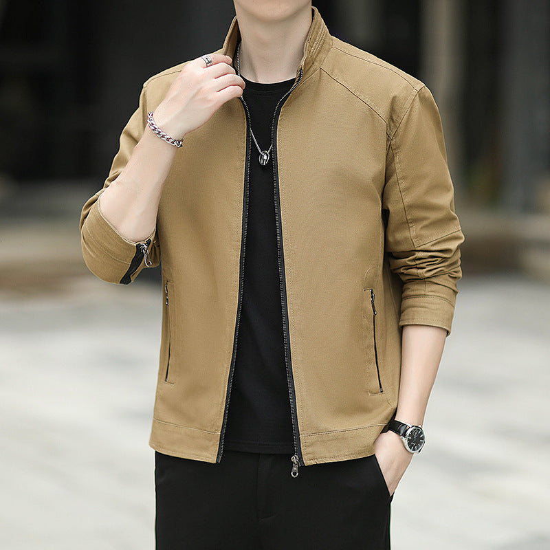 Men's Minimalistic Utility Transitional Jacket made of Cotton Canvas with Stand Collar and Zipper Pockets Chichicherry