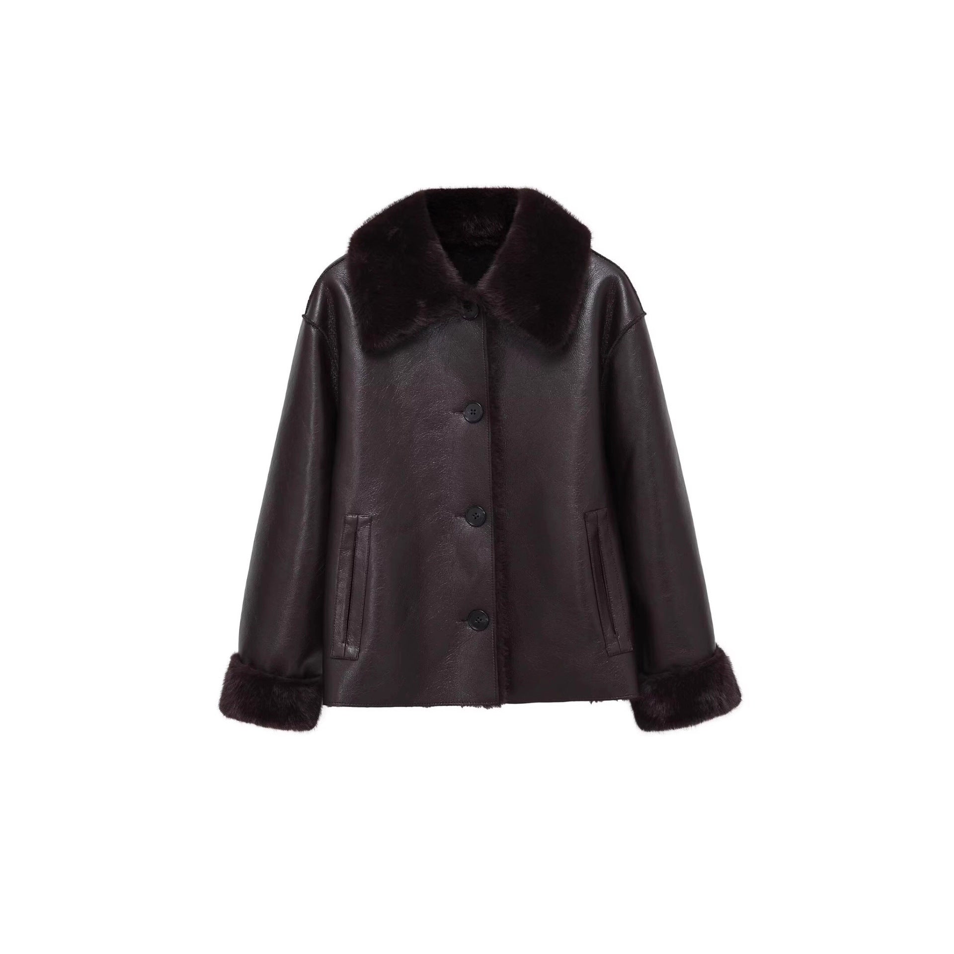 Women Boxy Faux Leather Jacket with Faux Fur Collar, Lambswool Imitation Lining and Button Closure Chichicherry