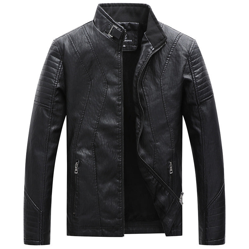 Men's Faux Leather Moto Jacket with Geometric Quilted Seams and Stand-Up Collar Chichicherry