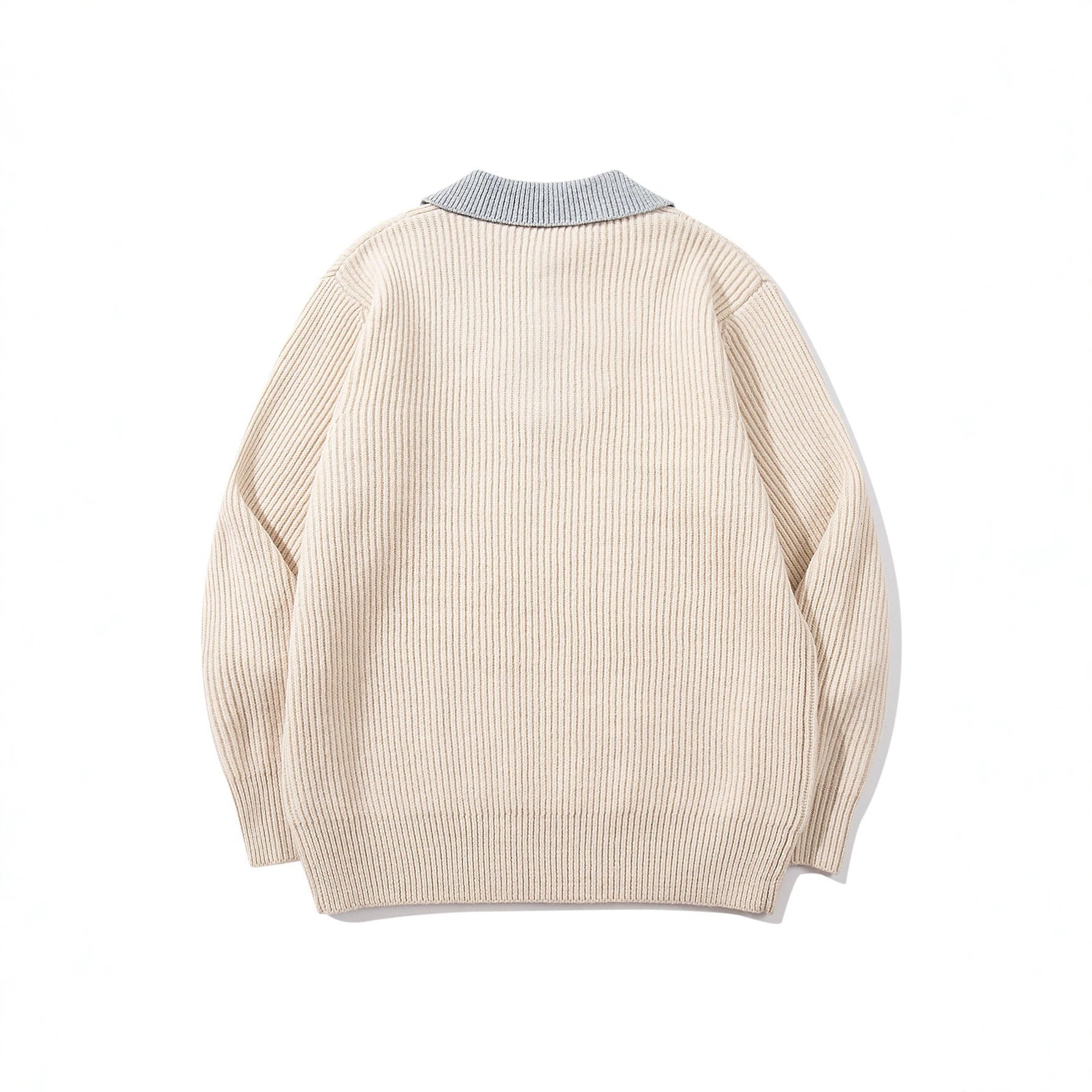 Men's Ribbed Knit Sweater with Polo Collar Insert and Deep V-Neck Chichicherry