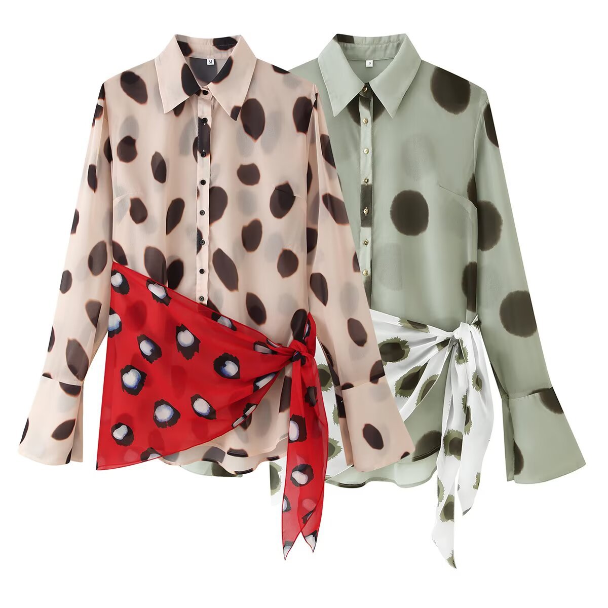 Women Semi-transparent Chiffon Blouse with Knot Scarf and Large Dot Print Chichicherry