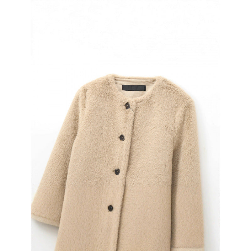 Women's Cropped Teddy Jacket with Straight Hem, Round Neck and Horn Button Closure Chichicherry