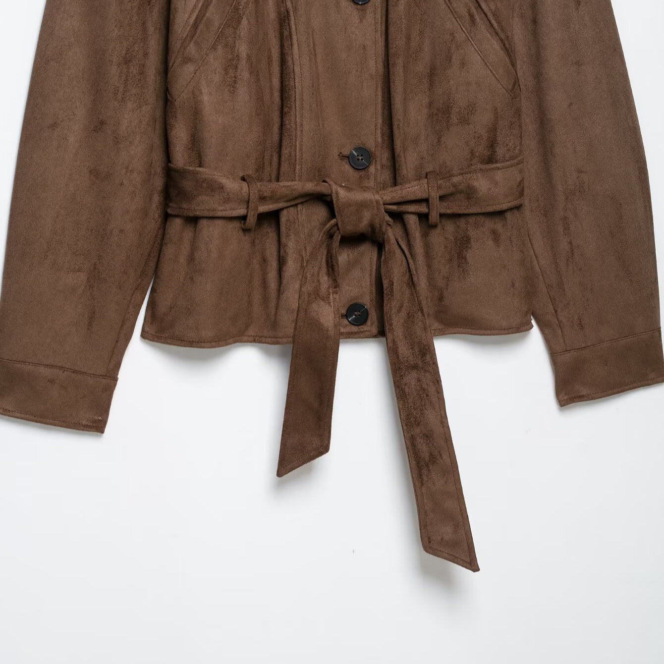 Women's short jacket in suede look with high stand-up collar, decorative dividing seams and tie belt Chichicherry