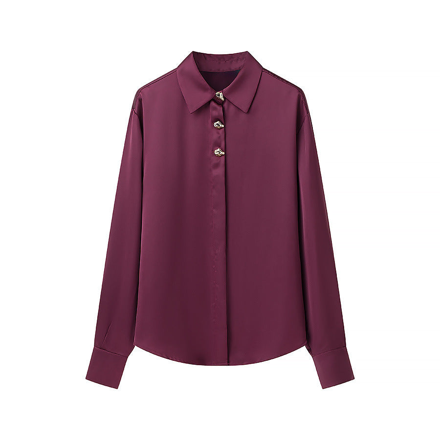 Women Silk Look Blouse with Decorative Buttons and Shirt Collar Chichicherry