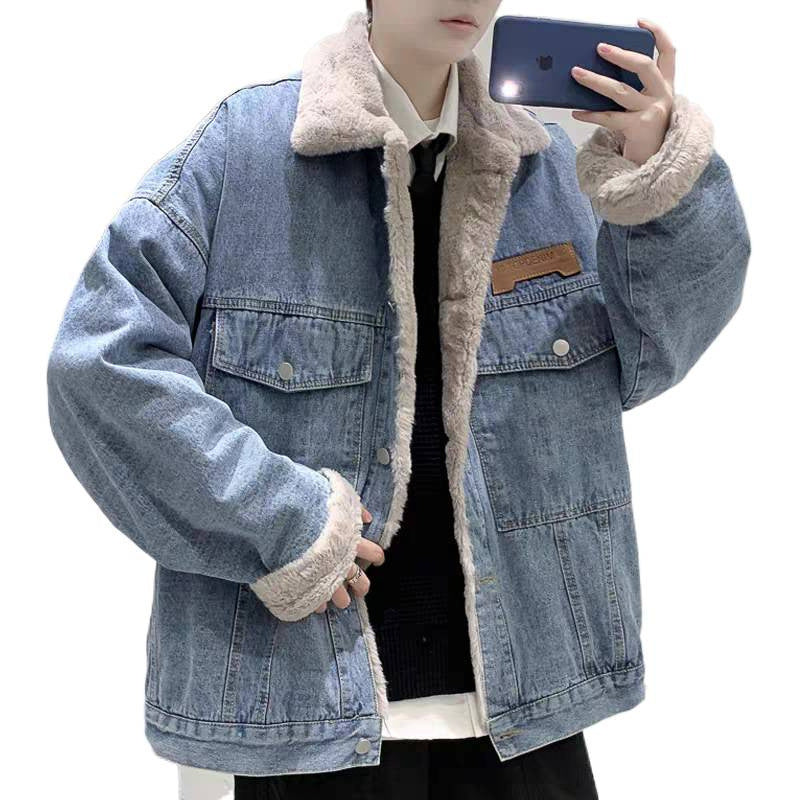 Herren Gefütterte Oversized Denimjacke mit Teddyfutter und Pattentaschen Chichicherry