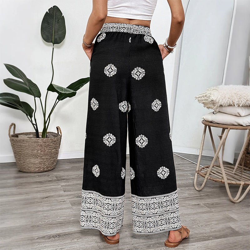 Women's Boho Print Palazzo Pants with Wide Leg, Elastic Drawstring Waistband and Side Pockets Chichicherry