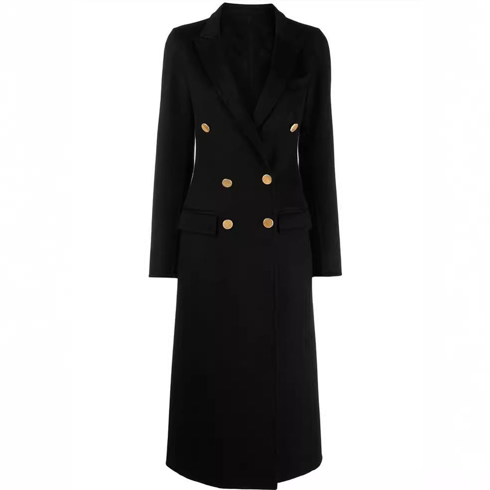 Women's Slim Maxi Length Coat in Clean-Cut with Double-Breasted Look and Decorative Metal Buttons Chichicherry