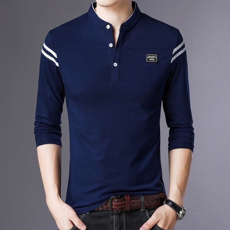 Men's Slim-Fit Long Sleeve Henley with Stand Collar and Shoulder Stripes Chichicherry