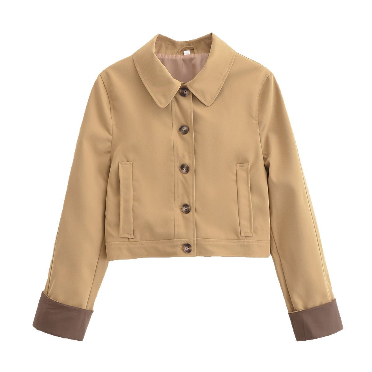 Women's Cropped Utility Jacket with Shirt Collar, Contrasting Turn-Up Cuffs and Continuous Button Placket Chichicherry