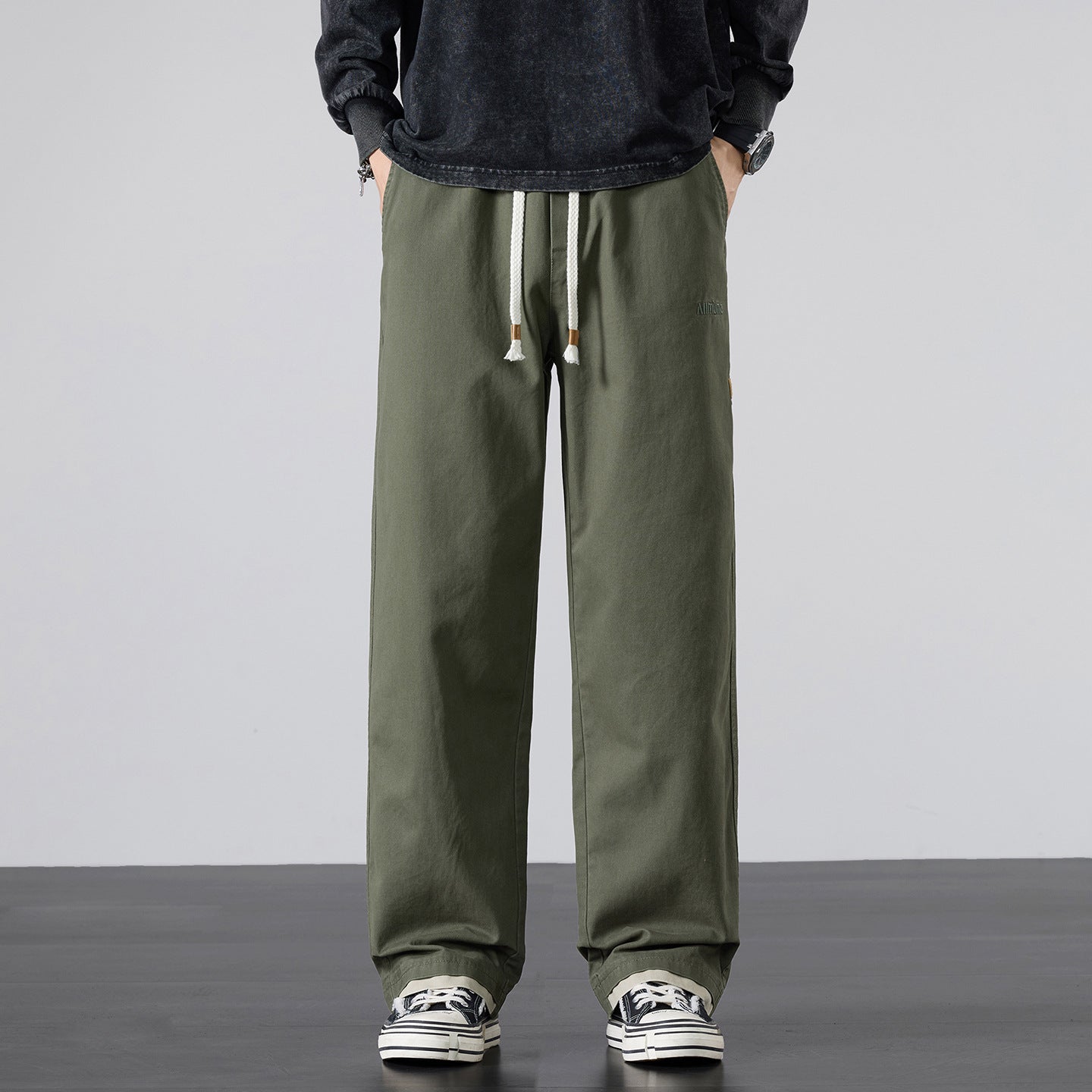 Men's Wide Cotton Canvas Pants in Wide Leg with Drawstring Waist Chichicherry