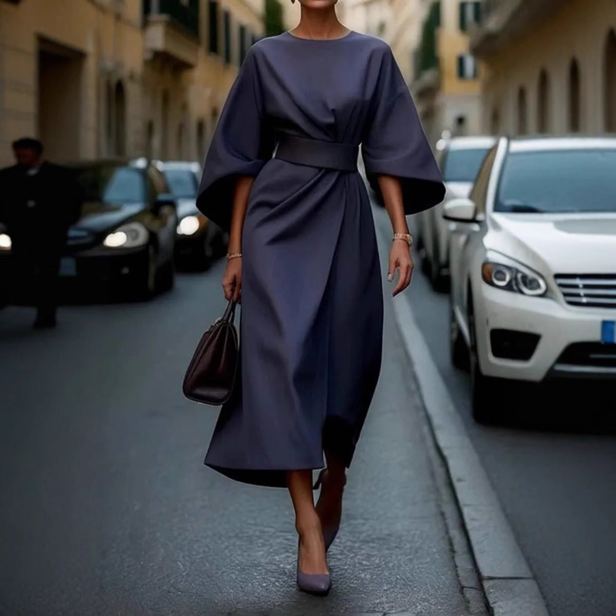 Damen Elegantes Midikleid mit weitem Kimonoärmel, tailliertem Gürtel und drapierter A‑Linie Chichicherry