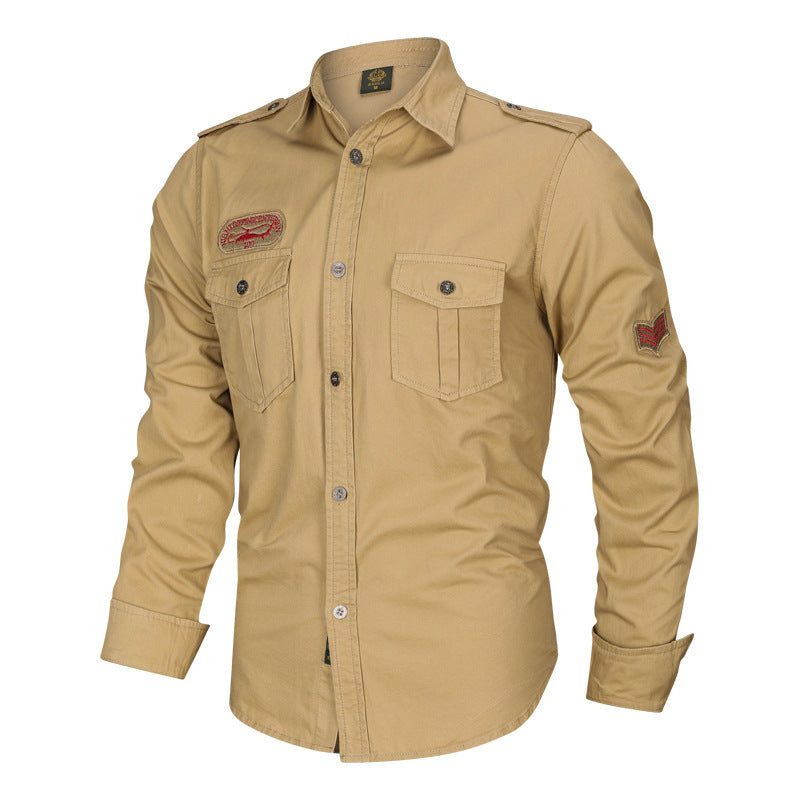 Men's military cotton shirt with epaulettes, flap pockets, and embroidered patches Chichicherry