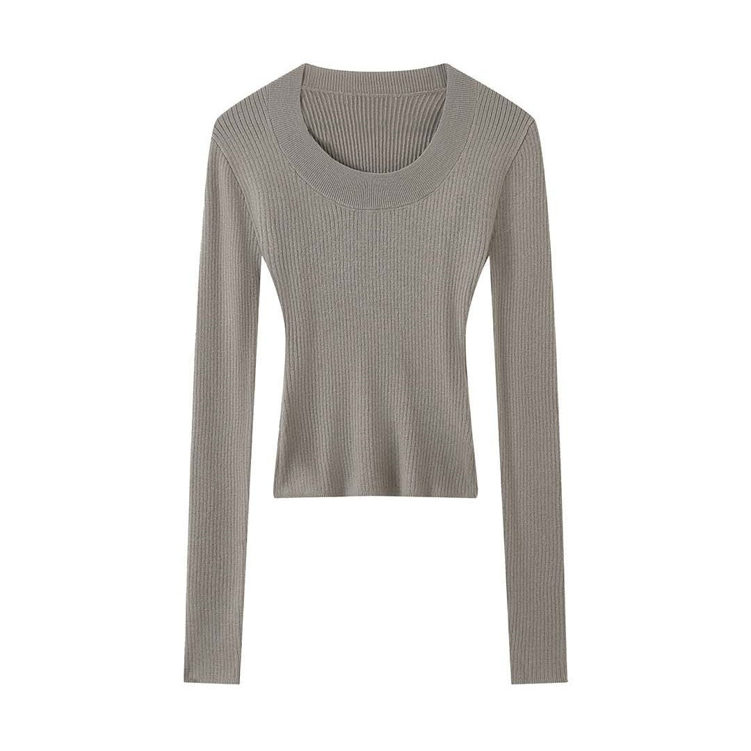 Women Slim-Fit Ribbed Long Sleeve with Wide U-Neck