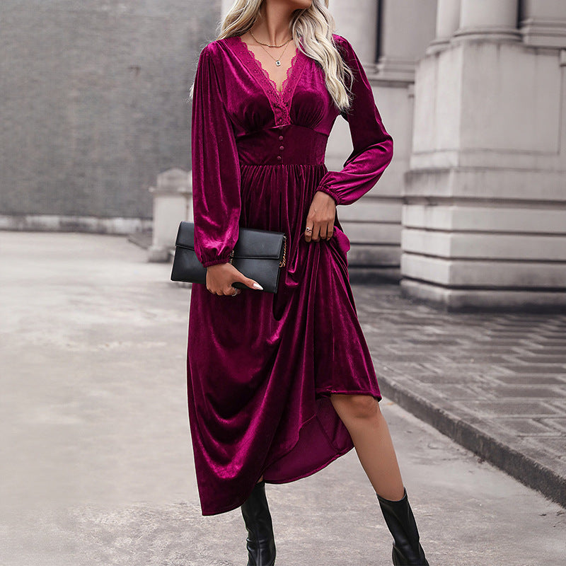 Ladies Elegant Velvet Midi Dress with Lace V-Neck, Tailored Corset Look and Asymmetrical Hem