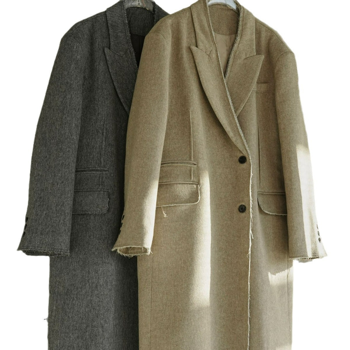Women Boxy Long Coat made of Wool Blend with Frayed Edges and Double-Breasted Chichicherry