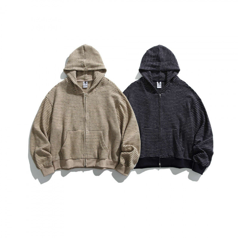 Unisex Boxy Hoodie Sweat Jacket with continuous zipper, striped texture and ribbed hem Chichicherry
