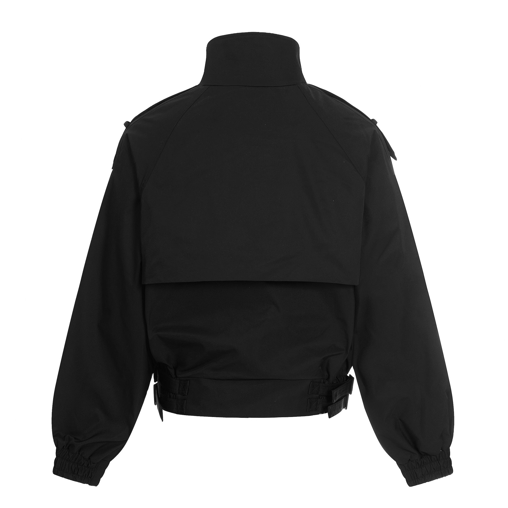 Women's short-cut boxy trench coat with high funnel collar, shoulder flaps, and adjustable waist belt Chichicherry