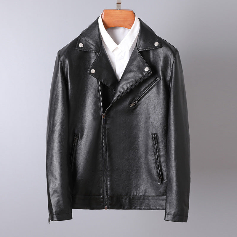 Men's Slim-Fit Faux Leather Moto Jacket with Asymmetrical Zipper and Clean Notched Lapel Chichicherry