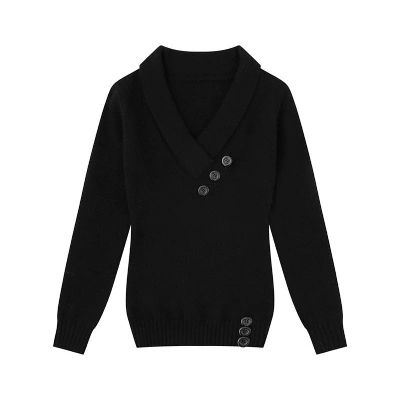 Women’s fine knit pullover with shawl collar, V-neck and decorative buttons Chichicherry