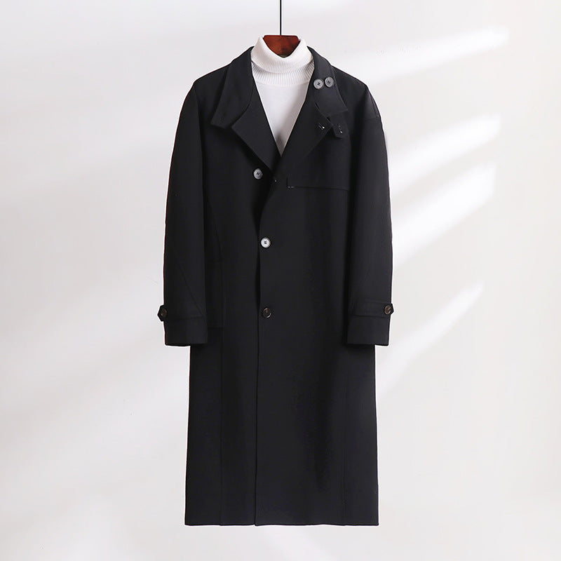 Men's Long-Cut Minimalist Trench Coat with Shawl Collar and Adjustable Sleeve Straps Chichicherry