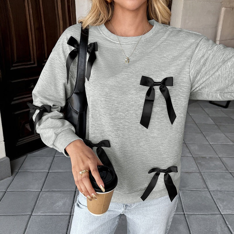 Women's Oversize Sweatshirt with Satin Bows and Ribbed Hem Chichicherry