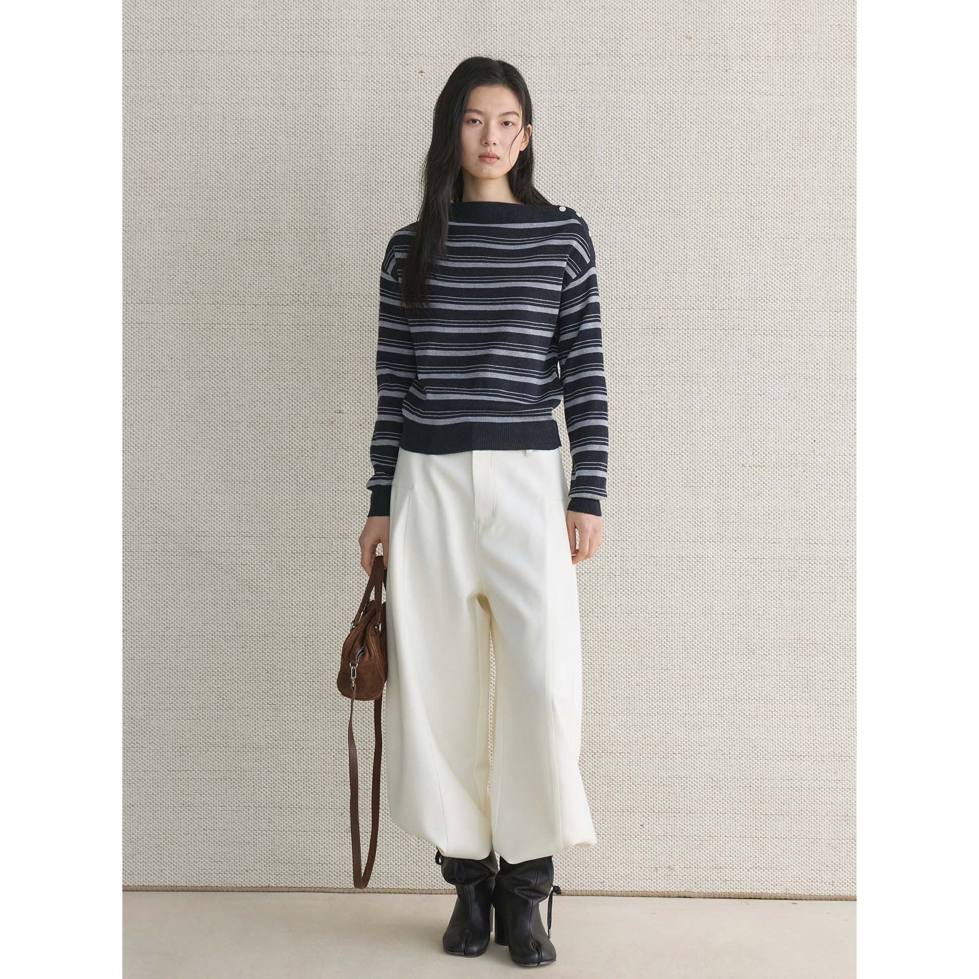 Ladies fine knit sweater with asymmetric boat neckline and fine block stripes Chichicherry