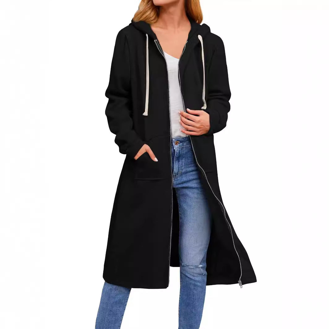 Women Long Hooded Sweat Coat with Two-Way Zipper and Kangaroo Pockets