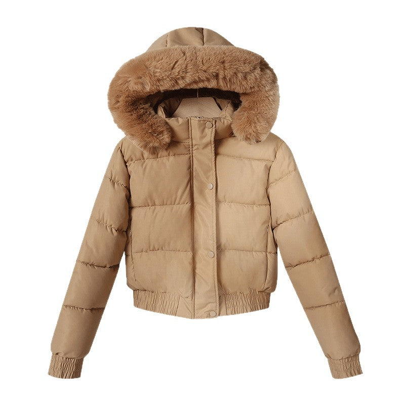 Ladies' short padded hooded jacket with faux fur trim, elastic hem, and concealed zipper Chichicherry