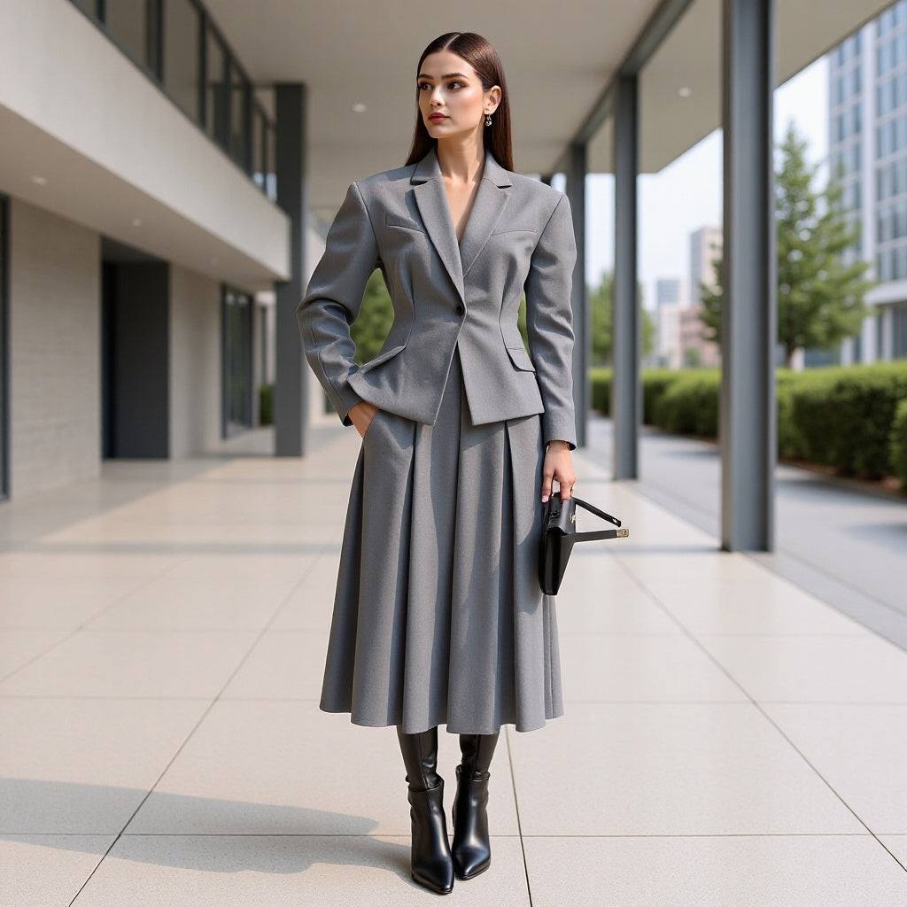 Women's Elegant Wool Blend Suit with Fitted Short Blazer and Flared Midi Skirt Chichicherry