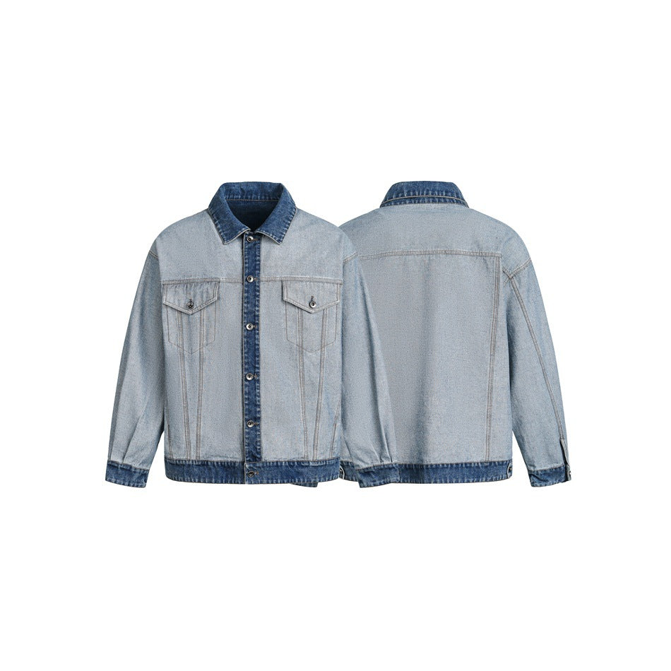 Unisex Oversize Jeans Jacket in Boxy Cut with Contrast Trim and Chest Flaps Chichicherry