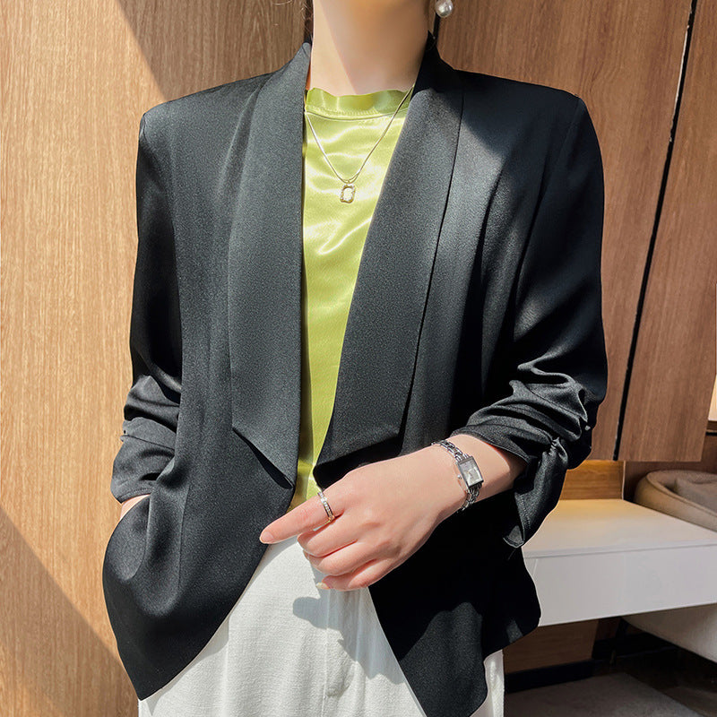 Women's Shawl Collar Blazer with Satin Trim, Open Front and Casual Short Style Chichicherry