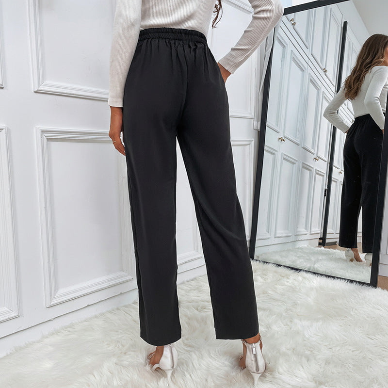 Women's High-Waisted Pleated Trousers with Decorative Button Placket and Straight Leg Chichicherry