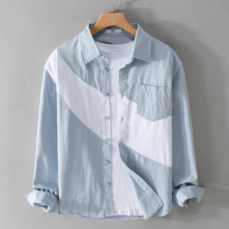 Men's cotton overshirt with diagonal color block, kent collar, and chest pocket Chichicherry