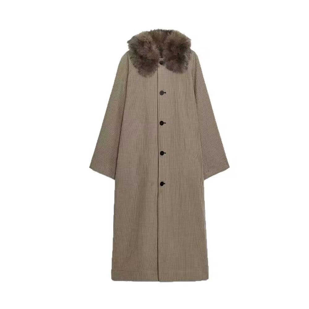 Ladies Long Glencheck Coat with Voluminous Faux Fur Collar and Straight Cut Chichicherry
