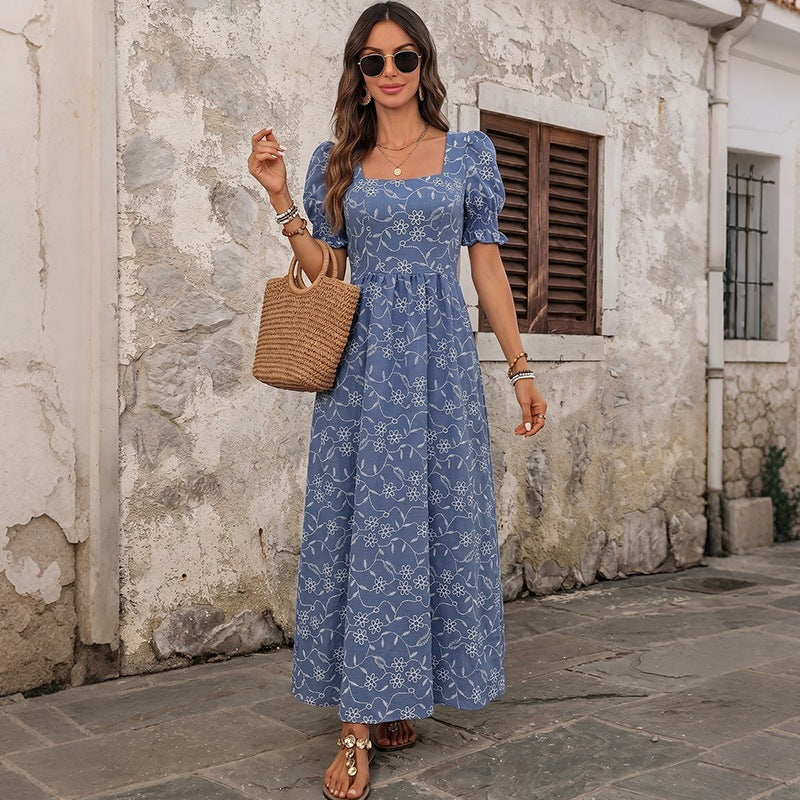 Women's Long Light Summer Maxi Dress with Square Neckline, Puff Sleeves and Floral Embroidery Look Chichicherry