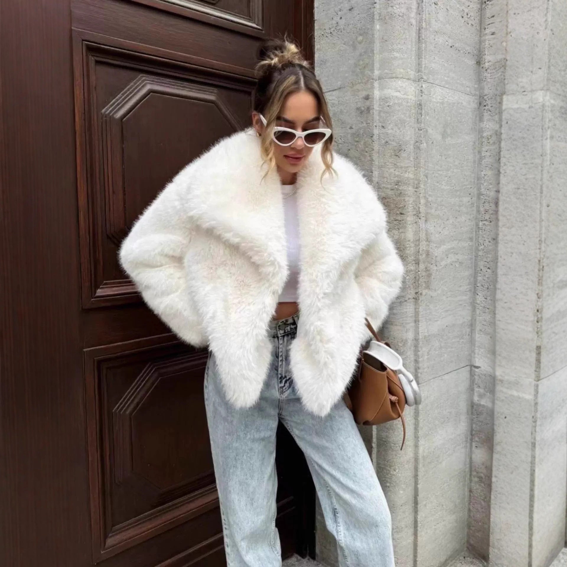 Women's Cropped Faux Fur Bolero with Extra Soft Long Pile and Voluminous Shawl Collar Chichicherry