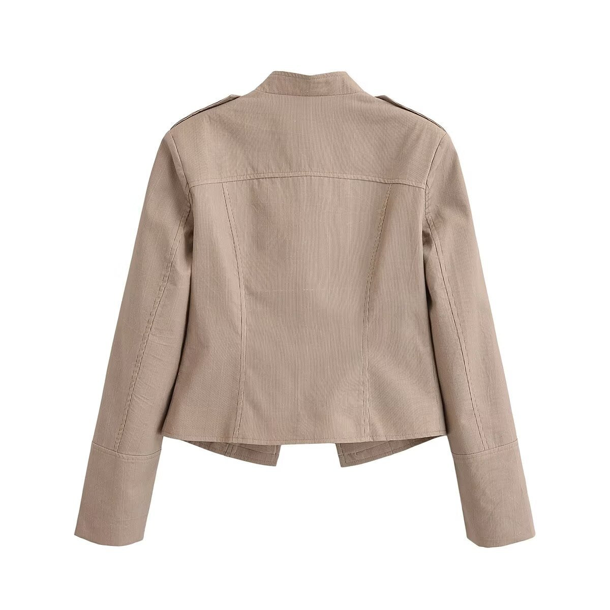 Women's military-inspired fitted short jacket with stand-up collar and decorative button placket Chichicherry