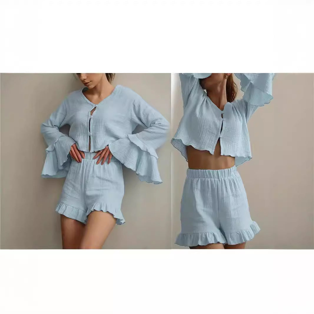 Women Two-Piece Crinkle Lounge Set with Ruffle Shorts and Tiered Trumpet Sleeves Chichicherry