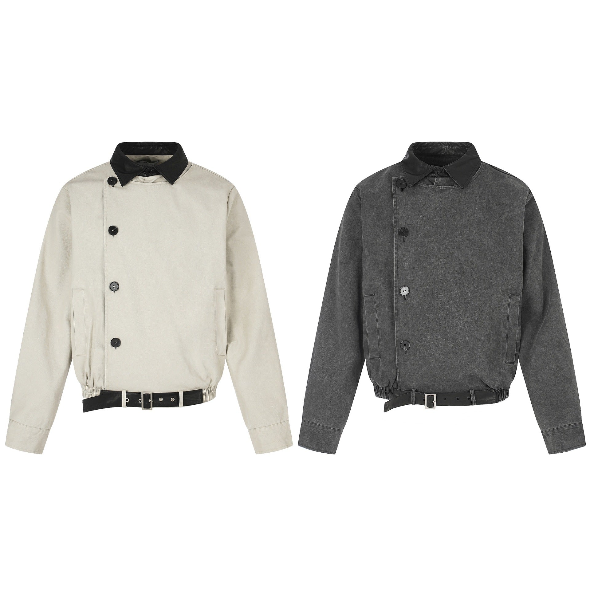 Men's short-cut boxy blouson with asymmetrical button placket, waist belt, and contrast collar Chichicherry