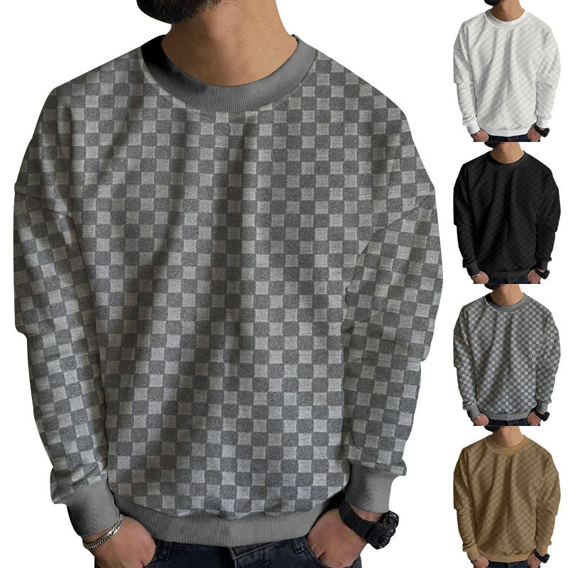 Men's Structured Cotton Sweatshirt with Checked Pattern and Round Neck Chichicherry