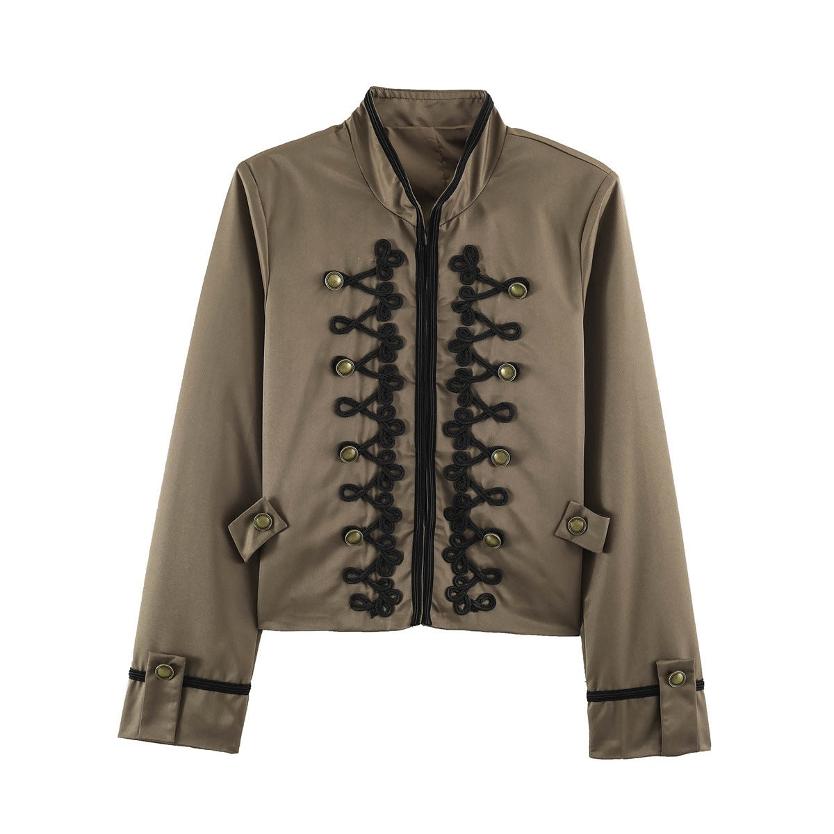Women's Short Military Style Jacket with Ornamental Cord and Button Decoration Chichicherry
