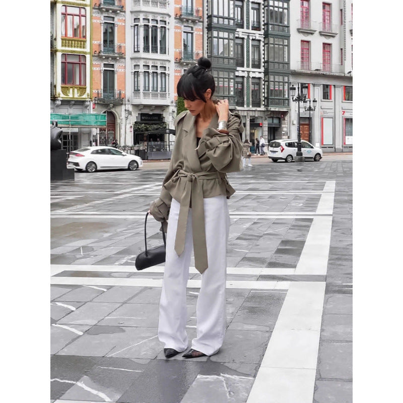Women’s oversized trench jacket in cropped cut with tie belt, dropped shoulders, and balloon sleeves Chichicherry