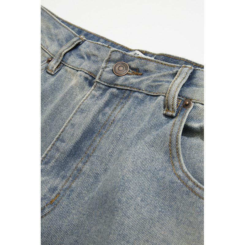 Men's Wide-Leg Denim Pants with High Waist, Vintage Wash and Five-Pocket Details Chichicherry